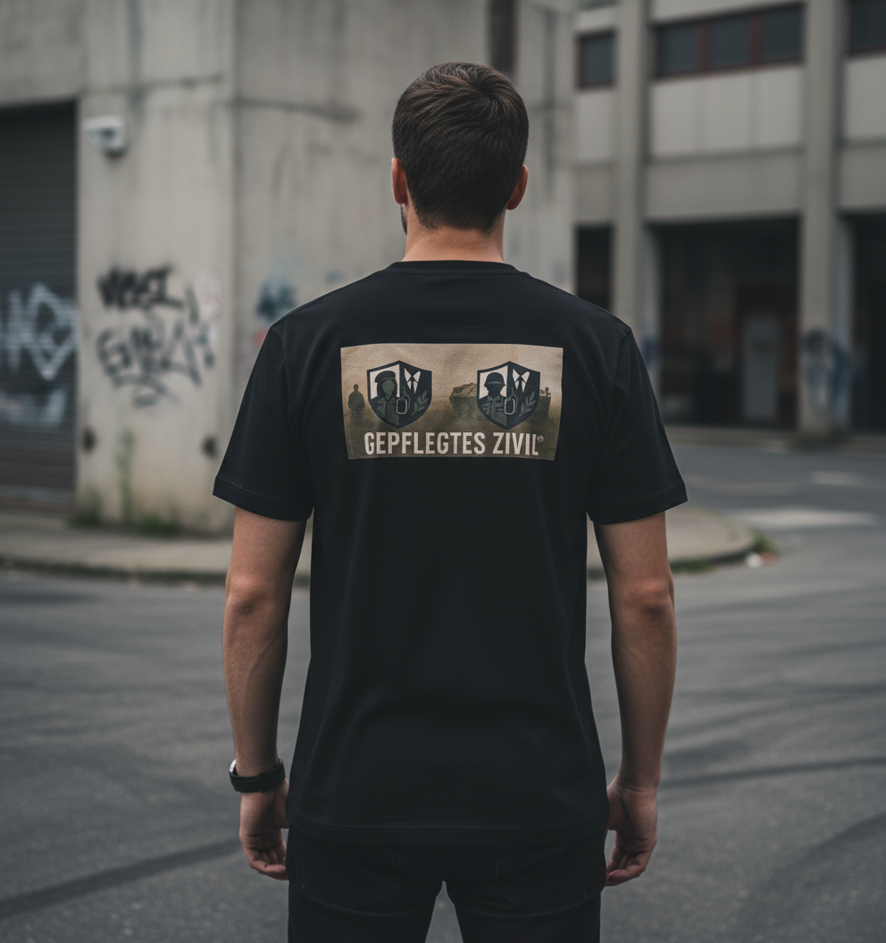 T-Shirt „Gepflegtes Zivil™“ – Schwarz (Backprint)